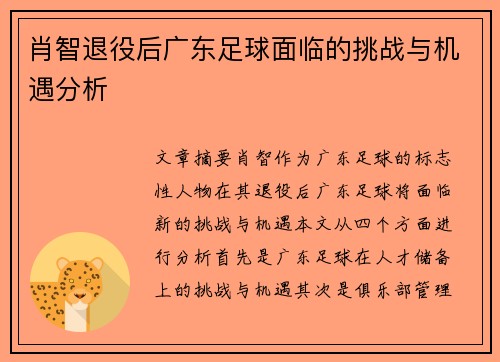 肖智退役后广东足球面临的挑战与机遇分析