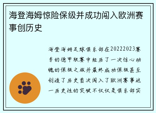 海登海姆惊险保级并成功闯入欧洲赛事创历史