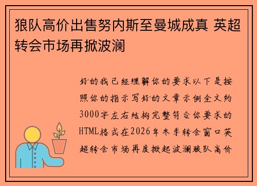 狼队高价出售努内斯至曼城成真 英超转会市场再掀波澜